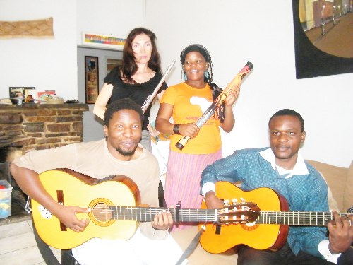  Band members of Elemotho during rehearsals for the Volkswagen 50th Anniversary  celebration. Left to right: Polina Loubnina (flute), Ermelinda Thataohe (backing voc), Elemotho Mosimane (vocal, guitar, composer and song writer) and Samuel Batola (guitarist).