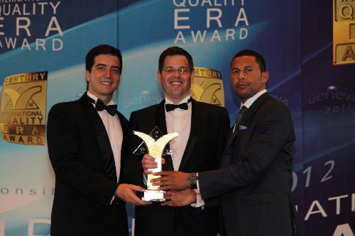 CEO of Intaka Tech, Rodrigo Savoi (left) and Knowledge Katti, MD of Intaka Technology Namibia (right) receives the Gold B.I.D. Award from Craig Miller, president of QC100, Business Initiative Directions for leadership and business management excellence along with its expertise in technology, innovation and expansion.