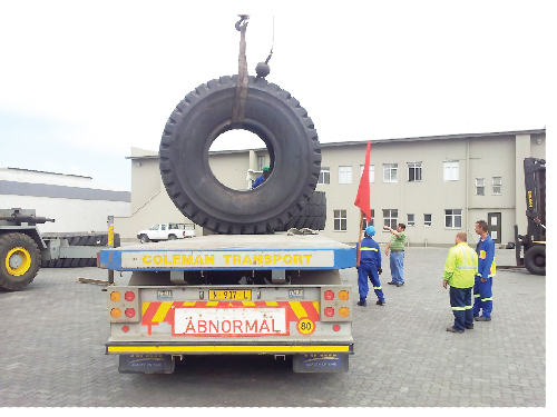 The worlds’ largest tyres which weigh 4 900kg, were shipped in open-top containers from Houston, Texas and offloaded at the port of Walvis Bay. (Photograph contributed)