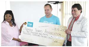 Clara Bohitile, FNB Foundation Trustee; Kalle Heese, National Development Coordinator and  Bob Mould, president of Namibia Tennis Association. (photograph contributed)