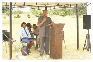CEO of the Namibian Ports Authority, Mr Bisey Uirab doing the honours at the Brendan Simbwaye Primary School in Katima Mulilo where the ports authority paid for the erection of a school hall.