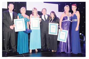 Agent of the Year Lona van Wyk (2nd from the left), FNB Namibia MD, Ian Leyenaar (left) with the other contenders Gretha dos Santos, Sylvie McTeer and Lisa Engels. Thomas Slabbert (middle) and Magda Talbot (right) are both from FNB.