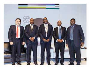 At the SWIFT African regional conference were (from left to right): Christian Sarafidis, Head of Western Europe, Middle East & Africa, SWIFT, Leina Gabaraane, Chairman of the SADC Banking Association and Managing Director of Stanbic Botswana, Dr Bwalya Ng’anda, Deputy Governor, Operations, Bank of Zambia, Tim Masela, Head of the SADC Payments System Project, South African Reserve Bank, and Ravi Shunmugam, Head, FNB payments and in-country payments leader, SADC Payments System Project (South Africa).