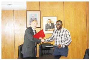 André Scholz, (left) Chargé d’Affairs of the Embassy of Germany and Andries Leevi Hungamo, Permanent Secretary of the National Planning Commission, shortly after it was announced a new agreement has been reached between Germany and Namibia for further development financing of some N$320 million.