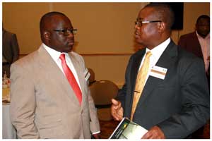 Chief Executive Officer of the NCCI, Tarah Shaanika and NamPower Managing Director, Paulinus Shilamba at the breakfast meeting of business leaders on Tuesday to discuss plans for securing a sufficient energy supply in the country.