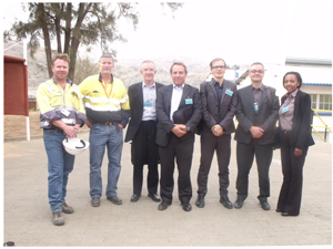 British business delegates with Weatherly mine management: Charles Carnie, Weatherly Mine Engineer; Craig Thomas, Weatherly Managing Director, Andrew Barbut of Mott MacDonald, Simon Gillett of Roughton International, Alex Lambeth of British Expertise, Darren Keep of Mabey Bridge and Katherine Newaka, commercial officer in the British High Commission. (Photograph by Melba Chipepo).