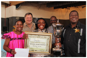 Left to right: Sirrka Ileka, Deputy Chair of the Agronomic Board, Christof Brock, CEO of the Board, Ivensia Nepemba Hango, National Grand Champion, Ambassador Dr Samuel Mbambo, Governor of the Okavango Region and Hon John Mutorwa, Minister of Agriculture, Water and Forestry.
