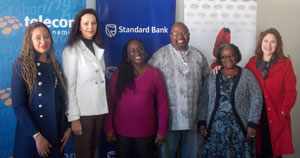Celebrating the 15th year of the Northern Businesswomen Conference that will be held on 7 August 2014 in Ongwediva. From the left are Ashante Manetti, External Communications Practitioner at Telecom Namibia, Desere Lundon-Muller, Chairperson of the Economist Businesswoman Club, Surihe Gaomas-Guchu, PR & Communications Manager at Standard Bank Namibia, Ngamane Karuaihe-Upi, conference speaker, Madame Sara Elago, Patron and Namibian Businesswoman of the Year 1999 and Natasja Beyleveld, Young Businesswoman of the Year 2013 and also a conference speaker. (Photograph by Mandisa Rasmeni)