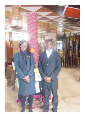 Mrs Tusnelde Salakiel, Food and Beverages Manager and Vaino Kali, Marketing Manager at Xwama Restaurant standing in the King Mandume ya Ndemufayo eatery where both tourists and locals enjoy to go and have their own unique, authentic cultural experience. (Photograph by Mandisa Rasmeni)