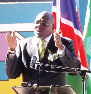 Hon. Tjekero Tweya, Deputy Minister of Trade and Industry at the launch of the Made in Namibia Expo which will be held from 29 to 31 July 2014, at the Safari Hotel and Conference Centre. (Photograph by Mandisa Rasmeni)