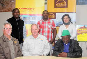 The brains behind the rock:back from left is Hilifa Mbako (AREVA Namibia), Lesley Tjongarero (Spitzkoppe Community Development Association) and Sugnet Smit (Communities and Communications consultant for AREVA Namibia). Front left is Victor Kent (Namspace), Pine van Wyk (Gecko Namibia) and Headman Benjamin Naruseb (Headman: #Gaingu Conservancy).