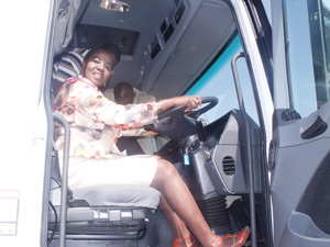 Agnes Kafula, Mayor of Windhoek, test driving one of the new solid waste management trucks that the City purchased from M+Z Group. The fleet is worth N20 million. (Photograph by Ogone Tlhage)