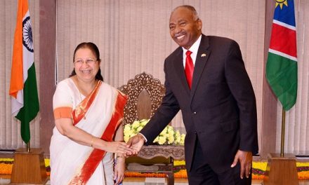 Prof Katjavivi visits Indian counterpart in Lok Sabha