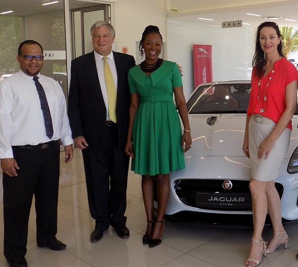 Recently crowned Namibian Businesswoman of the Year 2019, welcomed by Jaguar Windhoek staff